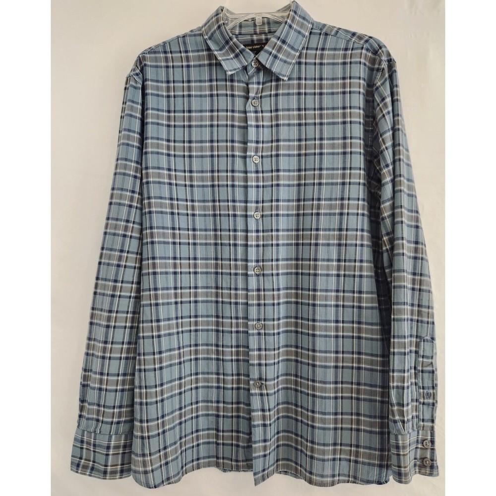 John Varvatos Star USA Men Plaid Long-Sleeve Button Down Shirt Medium Blue Gray
